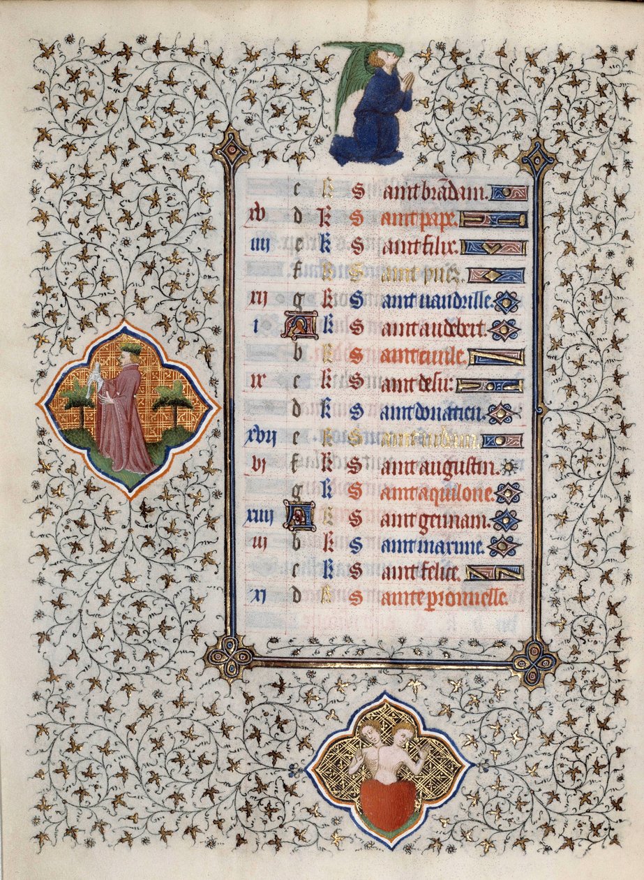 Side af manuskriptet "" Les Tres Riches Hours du Duke Francois de Guise"" oplyst af Mesteren af Boucicaut: repræsentation af stjernetegn og scener i hverdagen: ædelstene. 1400-tallet. Musee Conde, Chantilly af (and workshop) Boucicaut Master