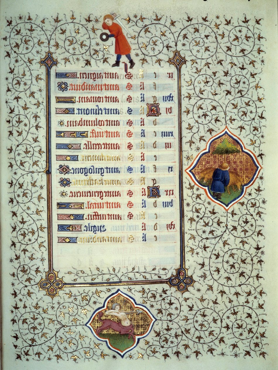 Side af manuskriptet "" Les Tres Riches Hours du Duke Francois de Guise"" oplyst af Mesteren af Boucicaut: repræsentation af stjernetegnene og scener i det daglige liv: Skytten og en betail-opdrætter. 1400-tallet. Musee Conde, Chantil af (and workshop) Boucicaut Master