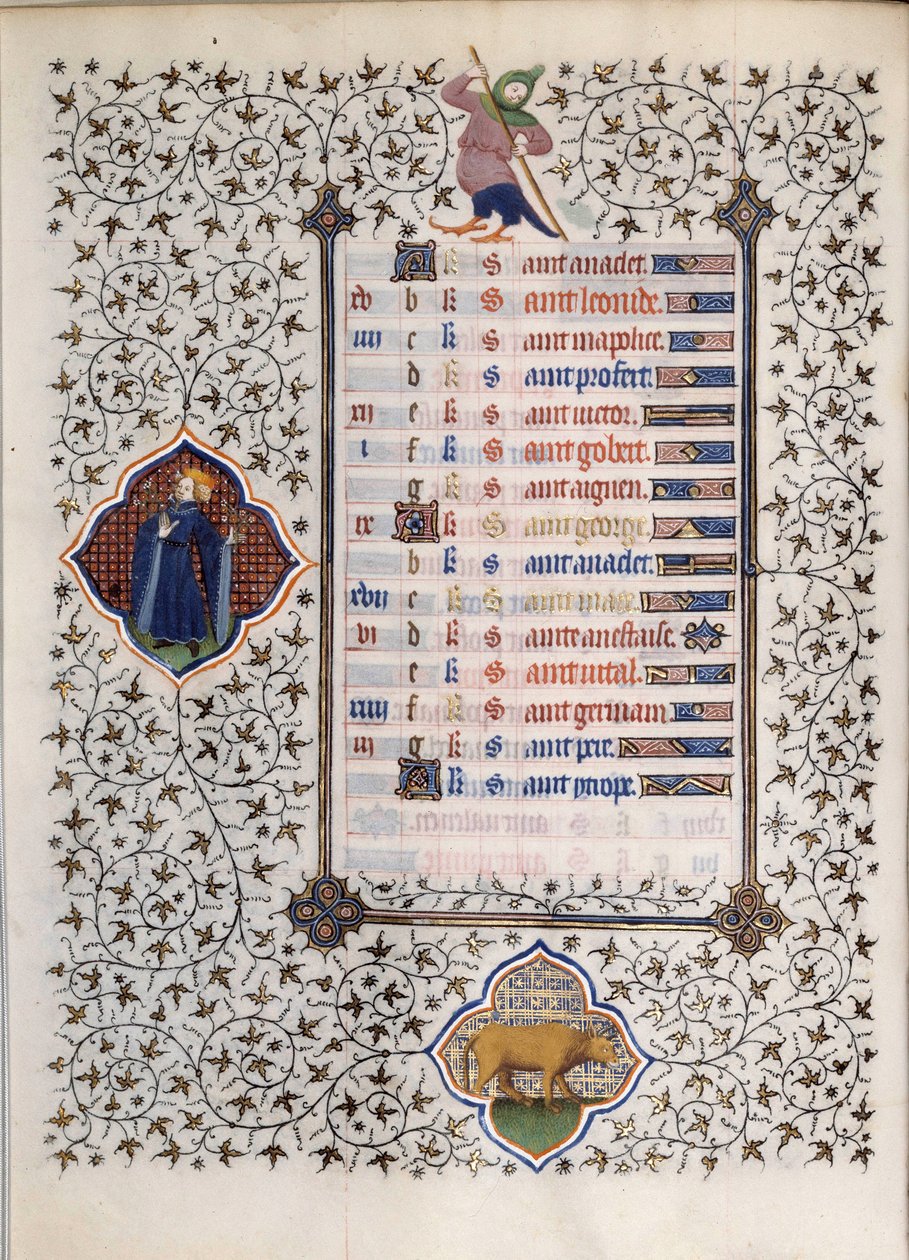 Side af manuskriptet "" Les Tres Riches Hours du Duke Francois de Guise"" oplyst af Mesteren af Boucicaut: repræsentation af stjernetegnene og scener i hverdagen: Tyren. 1400-tallet. Musee Conde, Chantilly af (and workshop) Boucicaut Master