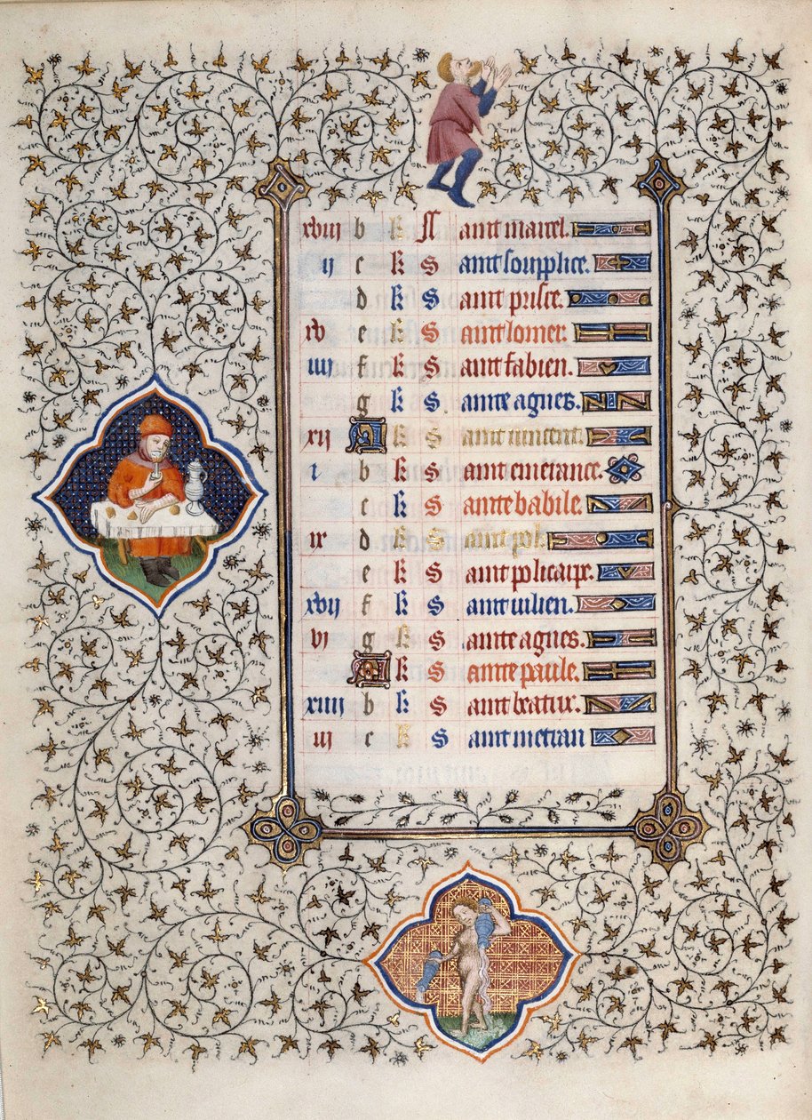 Side af manuskriptet "" Les Tres Riches Hours du Duke Francois de Guise"" oplyst af Mesteren af Boucicaut: repræsentation af stjernetegn og scener i det daglige liv: Vandmanden og en måltidsscene. 15. århundrede. Musee Conde, Chantilly af (and workshop) Boucicaut Master
