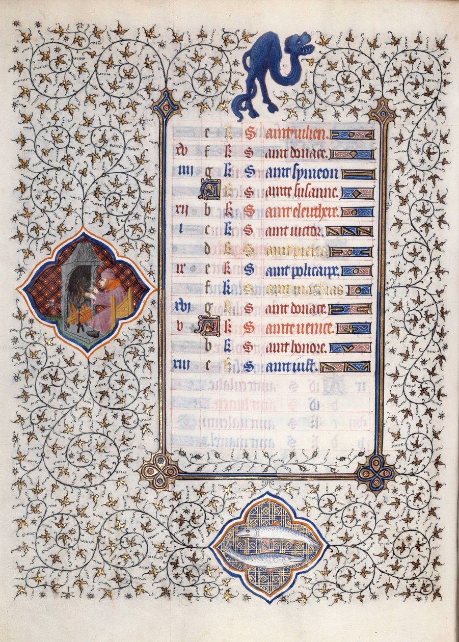 Side af manuskriptet "" Les Tres Riches Hours du Duke Francois de Guise"" oplyst af Mesteren af Boucicaut: en repræsentation af stjernetegnene og scener i hverdagen: fisk og en mand, der varmer op foran en skorsten. 1400-tallet. Muse af (and workshop) Boucicaut Master