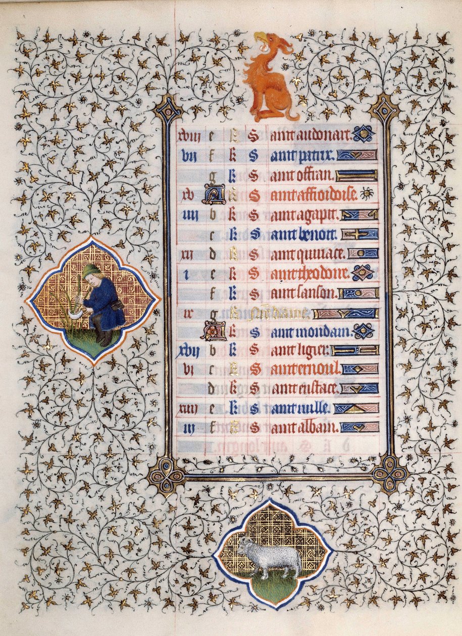 Side af manuskriptet "" Les Tres Riches Hours du Duke Francois de Guise"" oplyst af Mesteren af Boucicaut: repræsentation af stjernetegnene og scener i det daglige liv: Belier og en mand, der slår flet. 15. århundrede. Musee Conde, Chantilly af (and workshop) Boucicaut Master