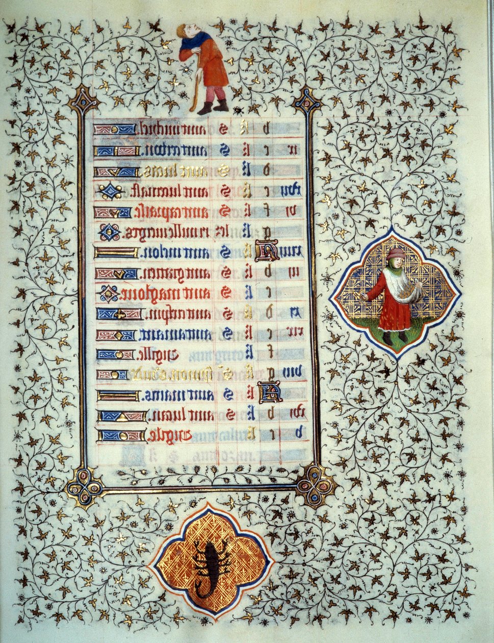Side af manuskriptet "" Les Tres Riches Hours du Duke Francois de Guise"" oplyst af Mesteren af Boucicaut: repræsentation af stjernetegn og scener i hverdagen: skorpion og plantning. 15. århundrede. Musee Conde, Chantilly af (and workshop) Boucicaut Master