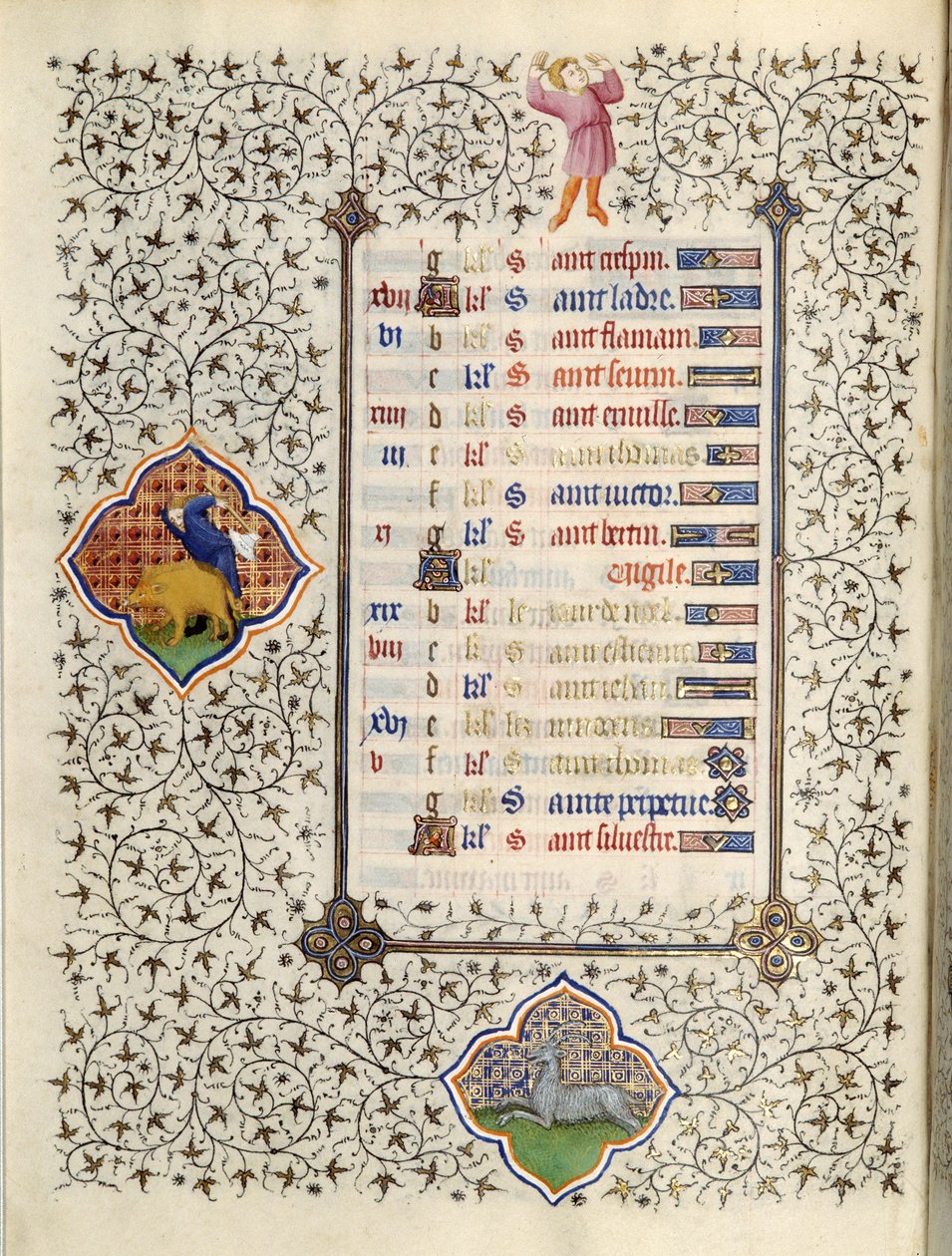 Side af manuskriptet "" Les Tres Riches Hours du Duke Francois de Guise"" oplyst af Mesteren af Boucicaut: repræsentation af stjernetegnene og scener i det daglige liv: Stenbukken og jagten på vildsvin. 15. århundrede. Musee Conde, C af (and workshop) Boucicaut Master