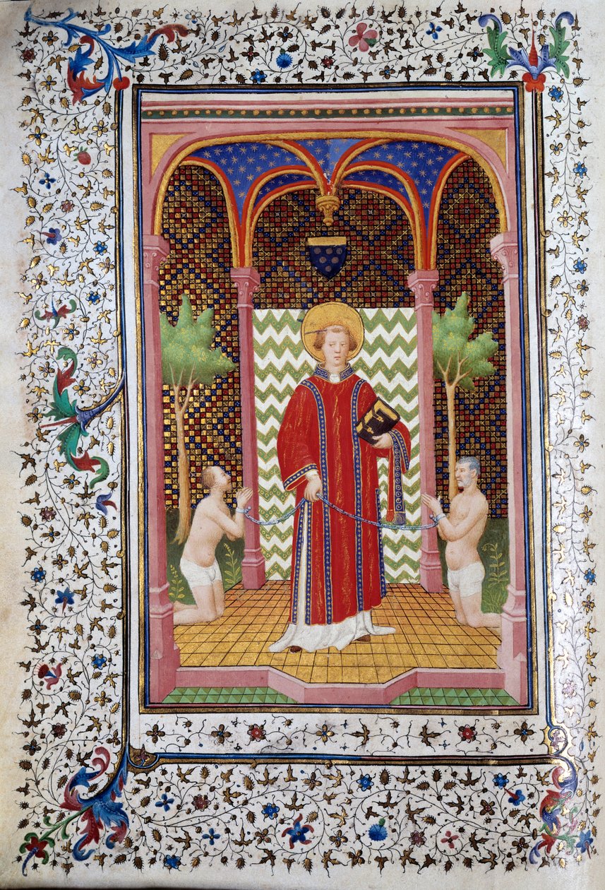 Repræsentation af Saint Leonard (6. århundrede), eneboer i Limousin, løsladelse af to fanger Side af manuskriptet "" Les Tres Riches Hours du Duke Francois de Guise"" oplyst af Mesteren af Boucicaut. 15. århundrede. Musee Conde, Chantilly af (and workshop) Boucicaut Master