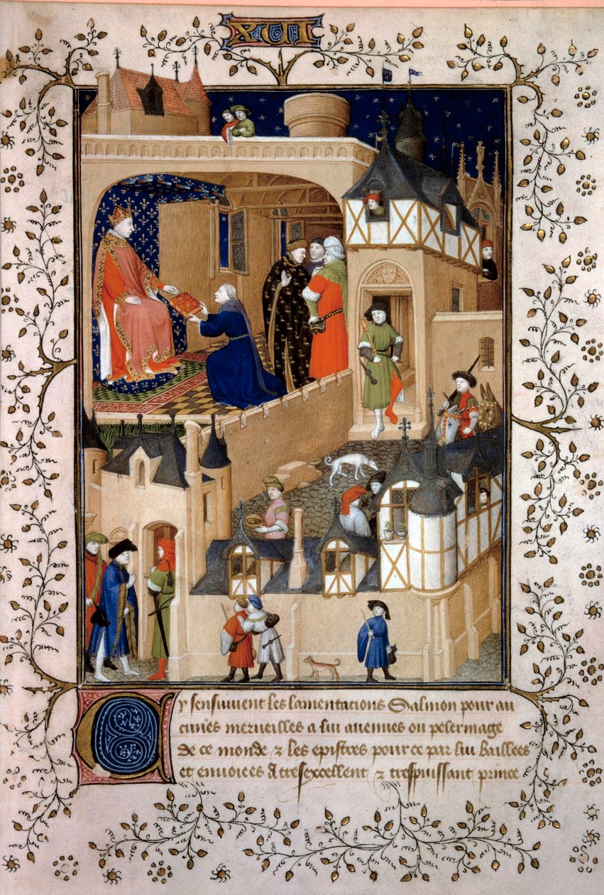 Den politiske eventyrer Peter the Fruitier dit Salmon tilbyder sit manuskript til kong Karl VI (1368-1422). Miniature fra "Answers a Charles VI et Lamentations" af Pierre Salmon oplyst af Maitre de Boucicauts værksted (1400-tallet) 1409 P af (and workshop) Boucicaut Master