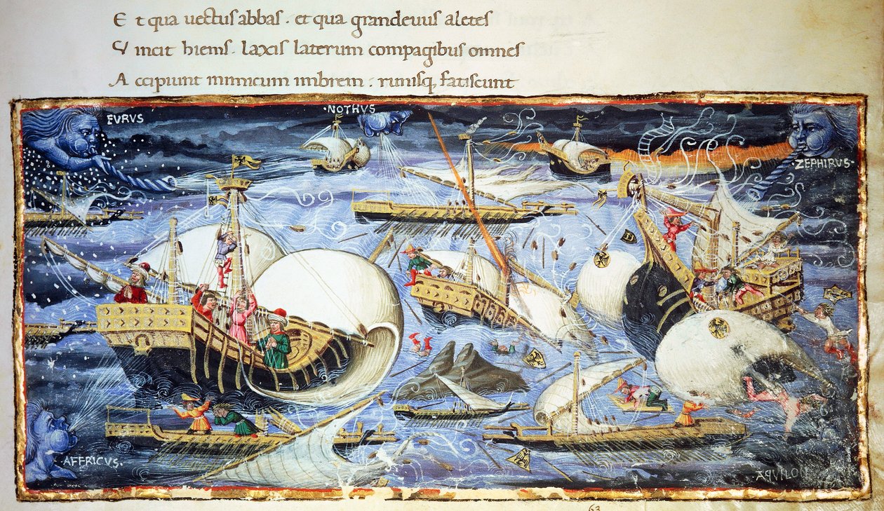 Sejlskibe, illustration til Aeneid, episk digt af Vergil (70-19 f.Kr.), miniature tilskrevet Apollonio di Giovanni (1415-1465) af (attr. to) Apollonio di Giovanni