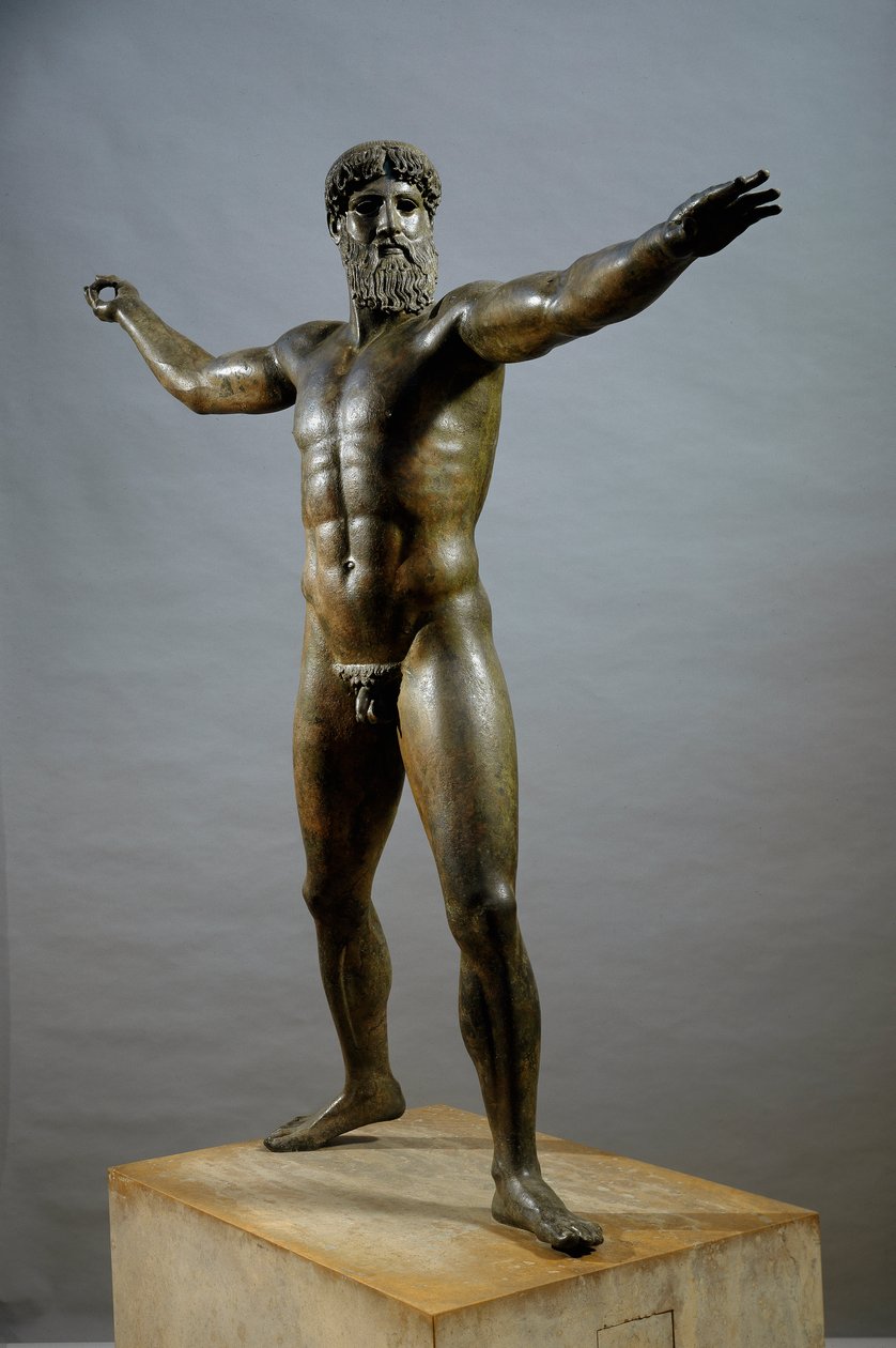 Græsk kunst: "" Poseidon"" (eller Zeus) - Bronzeskulptur tilskrevet billedhuggeren Kalamis (480-460 f.Kr.) Fra Cape Artemision, Dim. 209 cm - Athen, museum for national arkæologi - Græsk kunst: Poseidon (eller Zeus) - Bronzeskulptur, af Kalamis (480-460 f. af (attr. to) Kalamis