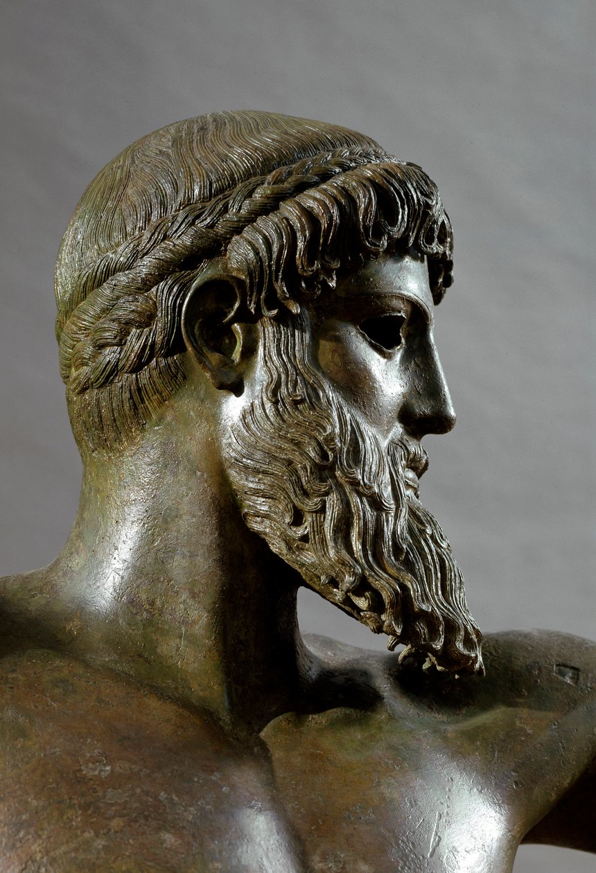 Græsk kunst: "" Poseidon"" (eller Zeus) Detalje. Bronzeskulptur tilskrevet billedhugger Kalamis (480-460 f.Kr.) Fra Cape Artemision. Svag. 209 cm Athen, museum for national arkæologi - Græsk kunst: Head of Poseidon (eller Zeus) - Bronzeskulptur, af Kalamis af (attr. to) Kalamis
