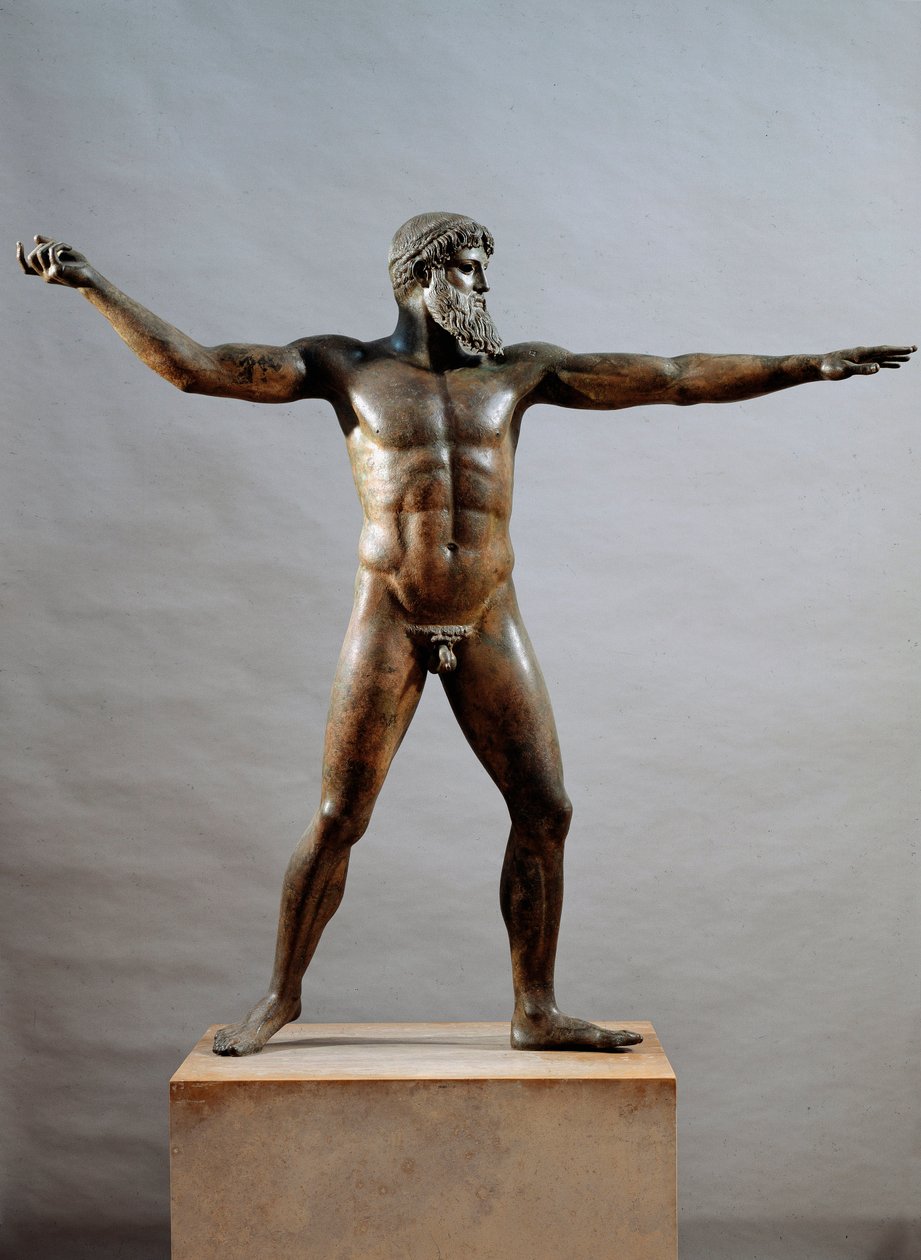 Græsk kunst: bronzestatue kaldet guden for Cape Artemision tilskrevet billedhuggeren Kalamis (5. århundrede f.Kr.), 460 f.Kr., Dim. 209 cm - Athen, Nationalt Arkæologisk Museum (inv. 15161) - Græsk civilisation: statue (ofte kaldet Gud fra havet) af Zeus e af (attr. to) Kalamis