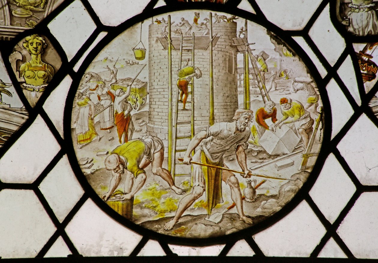 Roundel med bygningen af Babelstårnet (farvet glas) af (attr.to) Dutch School