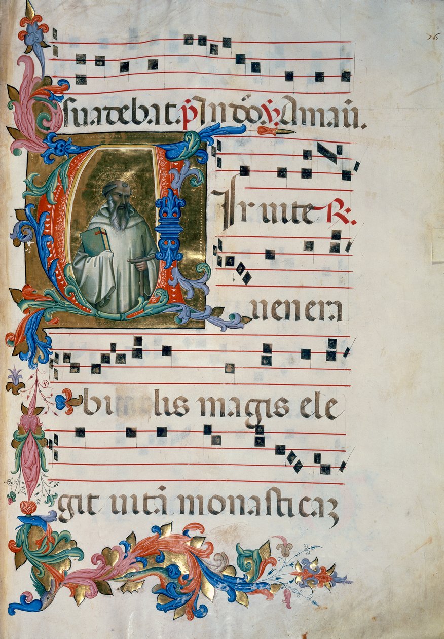 Oplyst initial med figuren San Romualdo (Corale 8, ca. 76), til korbog 8 af Santa Maria degli Angeli af (c.1370 1425) Lorenzo Monaco