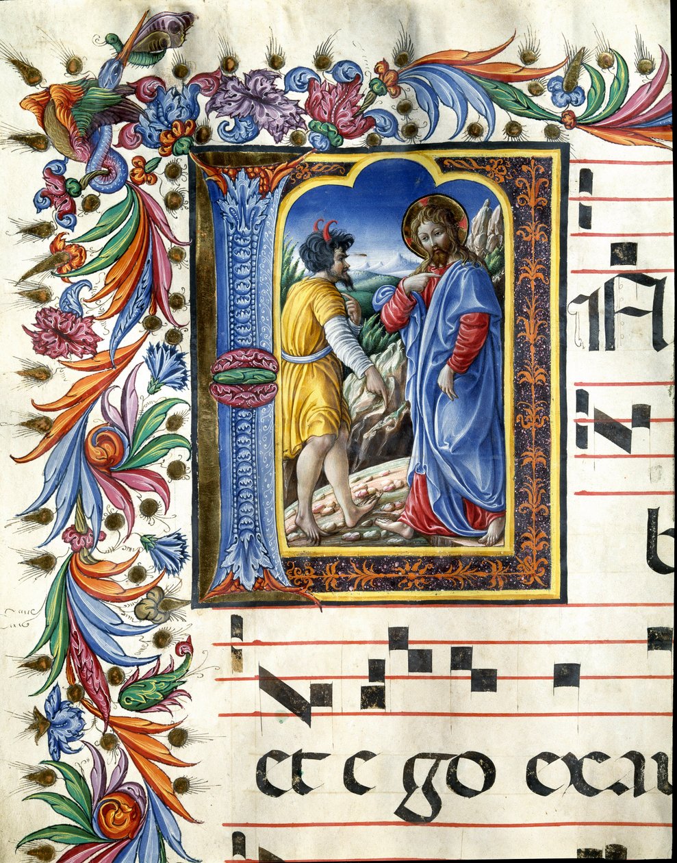 Decoree letrine, der skildrer Kristi fristelse Miniature af Liberale da Verona (1445-1529) fra et kor (Cod. 20/5. c.45v) fra katedralen i Siena. Cathedrale (Duomo) i Siena fra det 15. århundrede, Italien af (c.1445 1527) Liberale da Verona