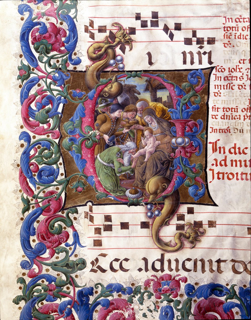 Decoree-lettere, der repræsenterer tilbedelsen af Magi-miniaturen af Liberale da Verona (1445-1529) fra et kor (Cod. 24/9. c.67v) fra katedralen i Siena. Cathedrale (Duomo) i Siena fra det 15. århundrede, Italien af (c.1445 1527) Liberale da Verona