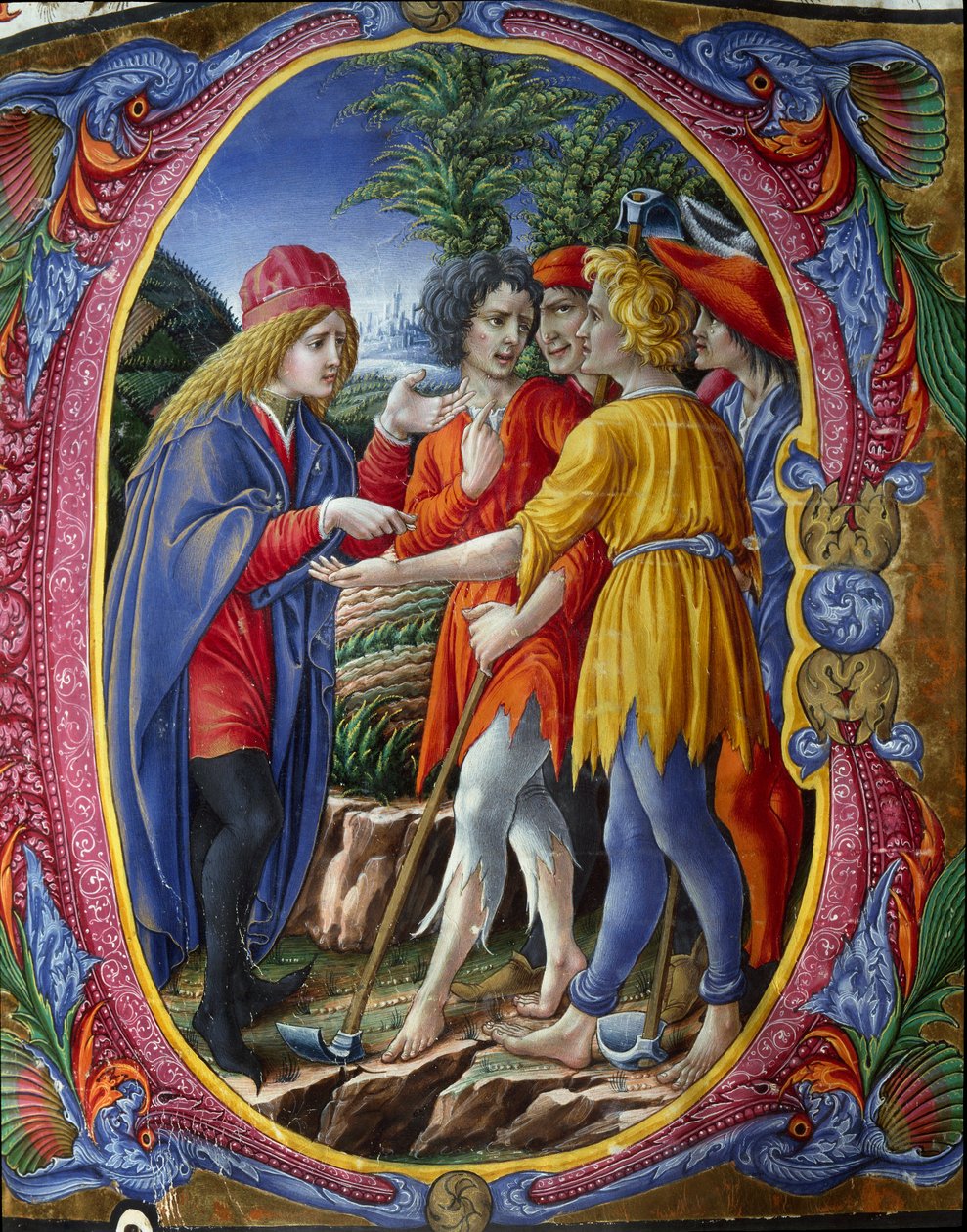 Decoree letrine, der repræsenterer lignelsen om morderiske vinmagere (Evangelium ifølge St. Matthæus Mt 21, 33-43) (The Parable of the Tenants) Miniature af Liberale da Verona (1445-1529) fra et kor (Cod. 20/5. ca. 2.) fra katedralen i Siena. 15. århundred af (c.1445 1527) Liberale da Verona