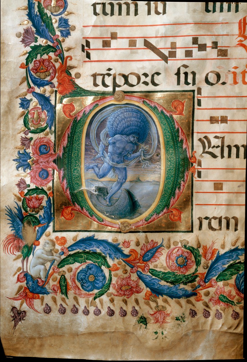 Lettrine med repræsentation af Aeolus, vindens vogter. (Miniature af (c.1445 1527) Liberale da Verona