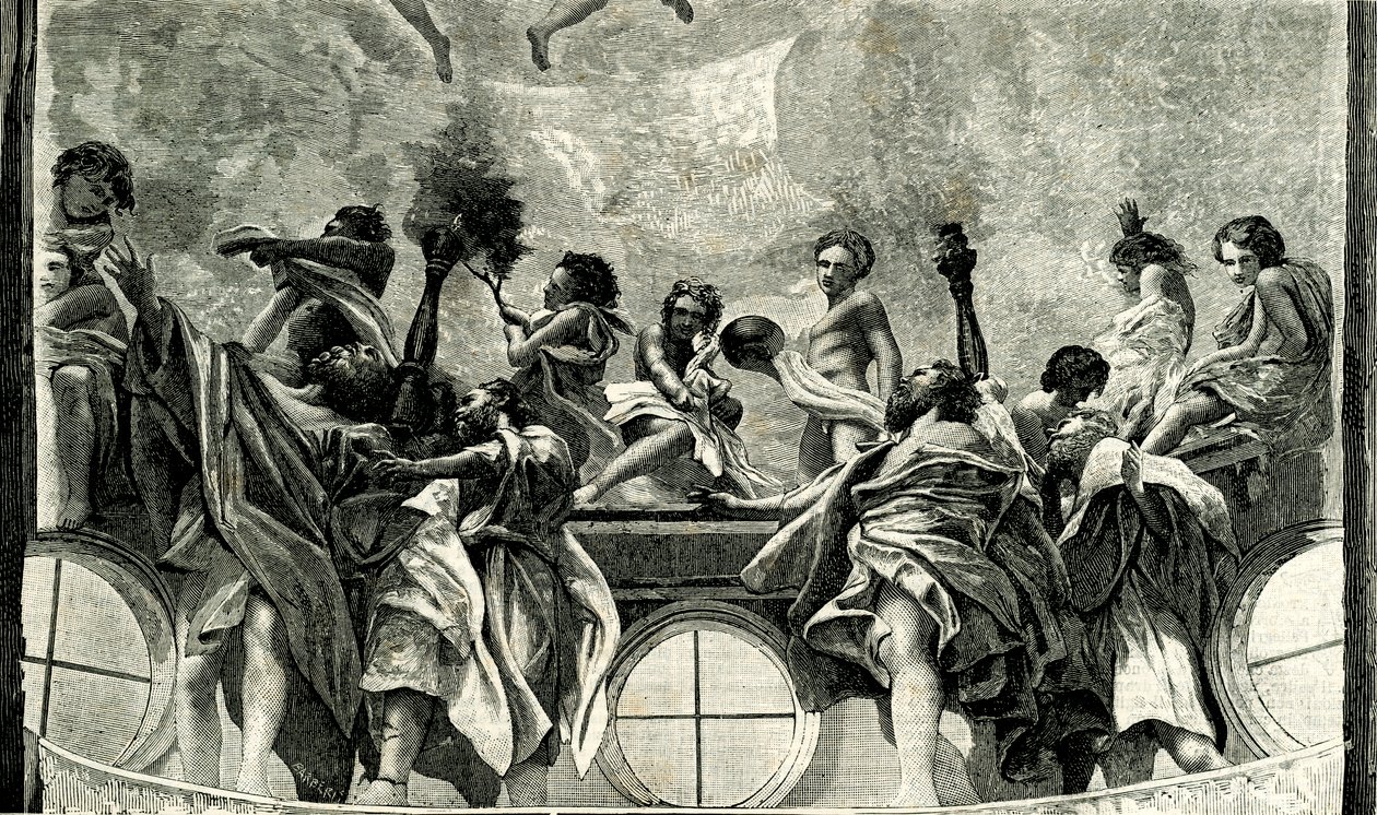 Assumption of Virgin, detalje fra fresco af Correggio (1489-1534), kuppel af Parma-katedralen, Emilia Romagna, Italien, træsnit fra Le cento citta d