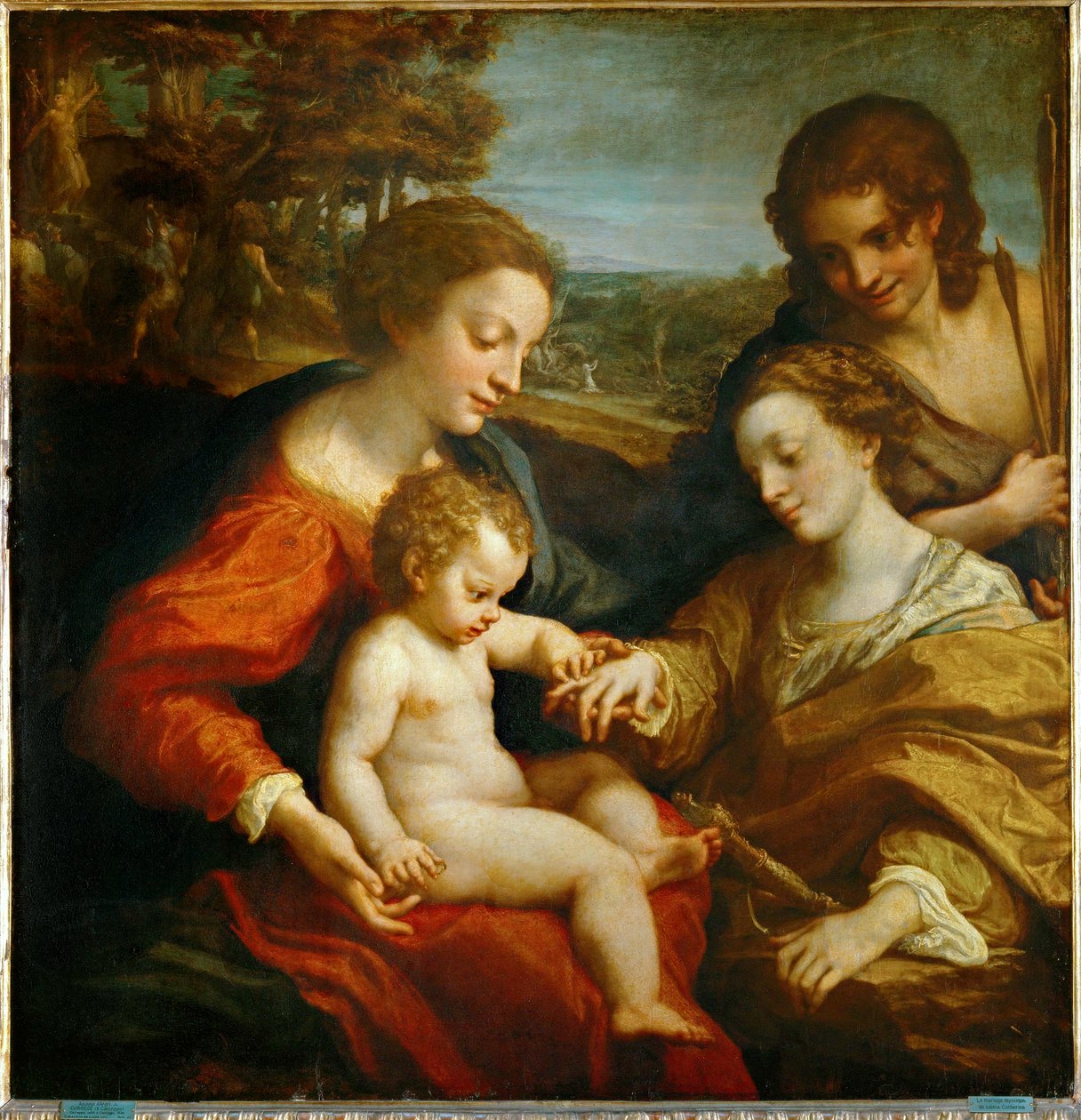 Den hellige Katarina af Alexandrias mystiske ægteskab med Jesusbarnet og den hellige Sebastian ... af (c.1489-1534) Correggio