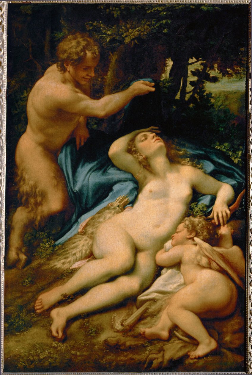Venus, der sover, observeret af en satyr - også kaldet "Antiopes søvn" ... af (c.1489-1534) Correggio