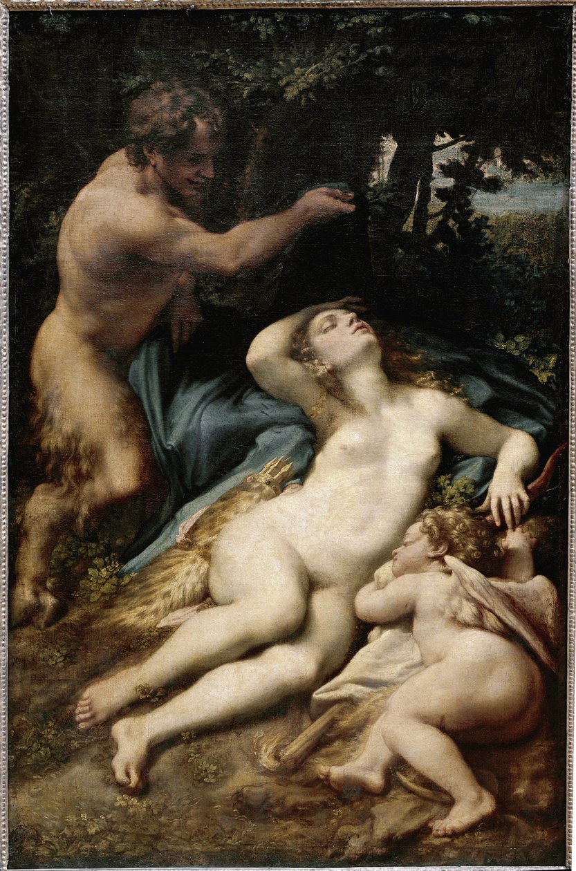 Jupiter og Antiope (eller Venus med amor og en satyr) (olie på lærred af (c.1489 1534) Correggio