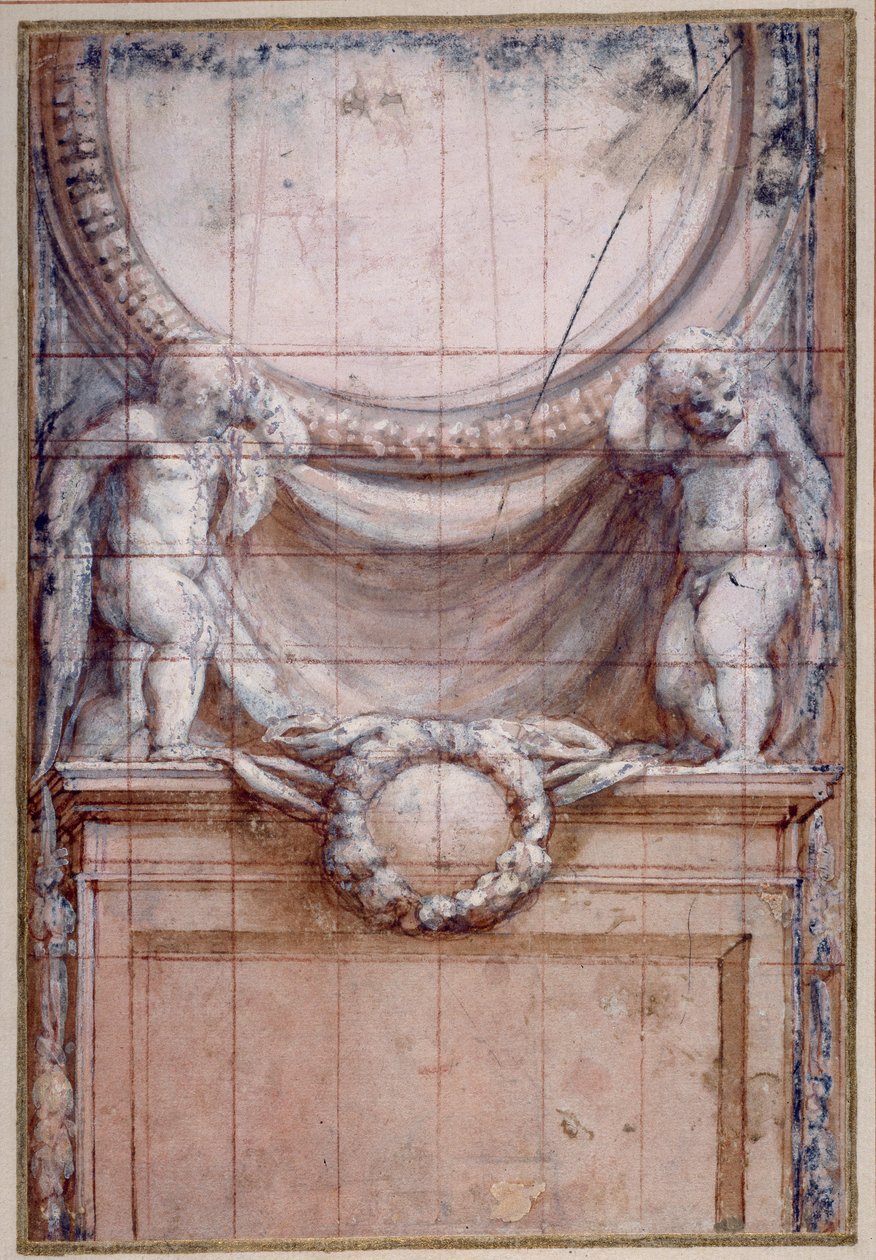 To putti, der understøtter en blank medaljon (rødt kridt forhøjet med hvidt på papir) af (c.1489 1534) Correggio