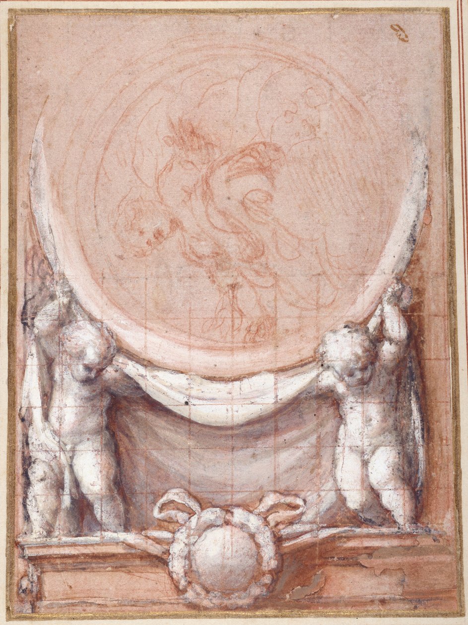 To putti, der understøtter en medaljon, hvorpå den skybårne Kristus er repræsenteret (rødt kridt på hvidt papir) af (c.1489 1534) Correggio