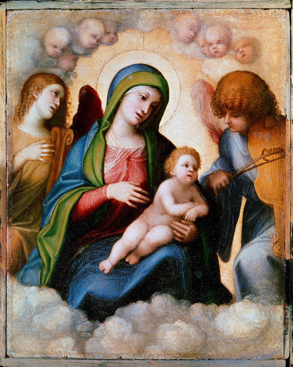 Jomfru og barn omgivet af to engle og cherubiner Maleri af Allegri Antonio dit Il Correggio (The Correge af (c.1489 1534) Correggio
