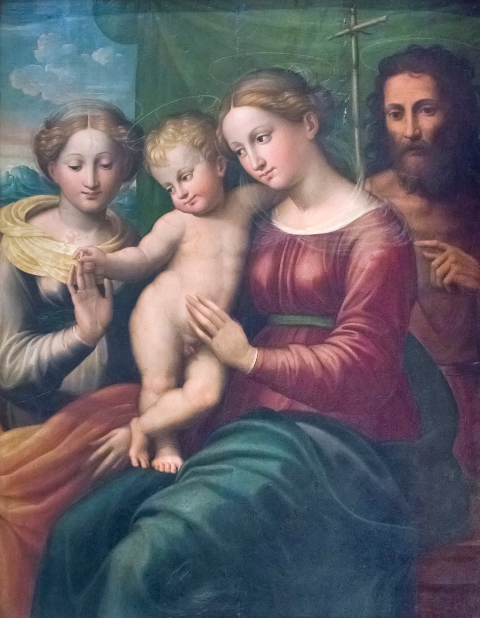 St. Catherines mystiske ægteskab (olie på træpanel) af Innocenzo da Imola