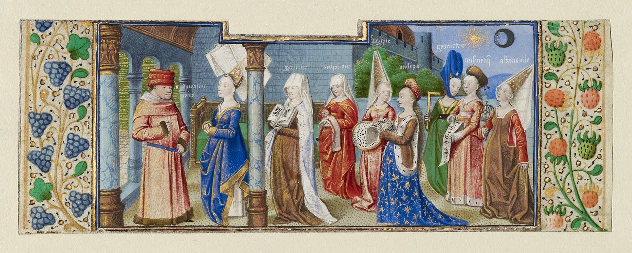 Filosofi, der præsenterer de syv liberale kunster til Boethius, ca. 1465 tempera og guld på pergament) af (fl.1450 75) Master of Coetivy