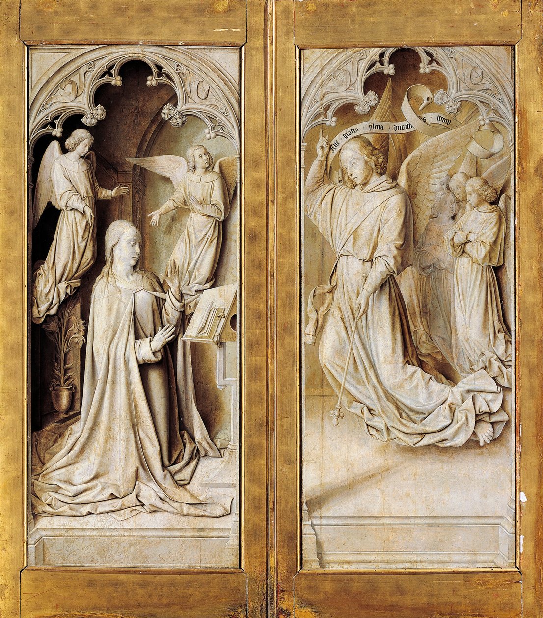 Bebudelse i grisaille (monokromatisk grå), udvendige vinger af triptykonaltertavle (ca. 1489-1502) af Master of Moulins, i katedralen Notre-Dame, Moulins, Frankrig. af (fl.c.1483 c.1529) Master of Moulins