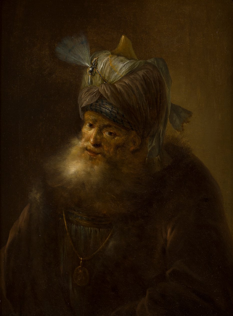 Portræt af en mand i en turban (olie på lærred) af (follower of) Rembrandt Harmensz. van Rijn