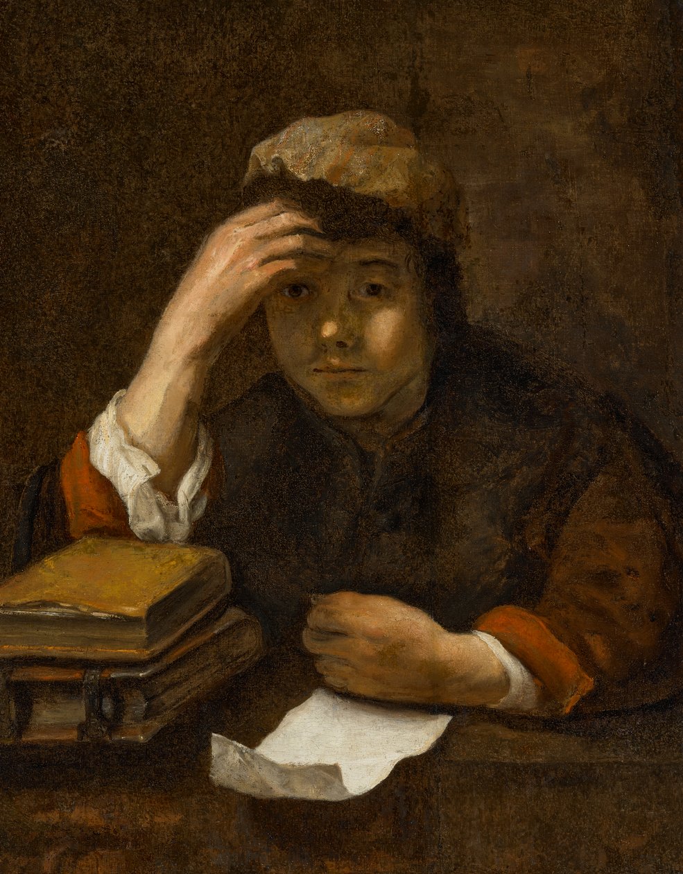 En dreng, der læser (olie på lærred) af (studio of) Rembrandt Harmensz. van Rijn