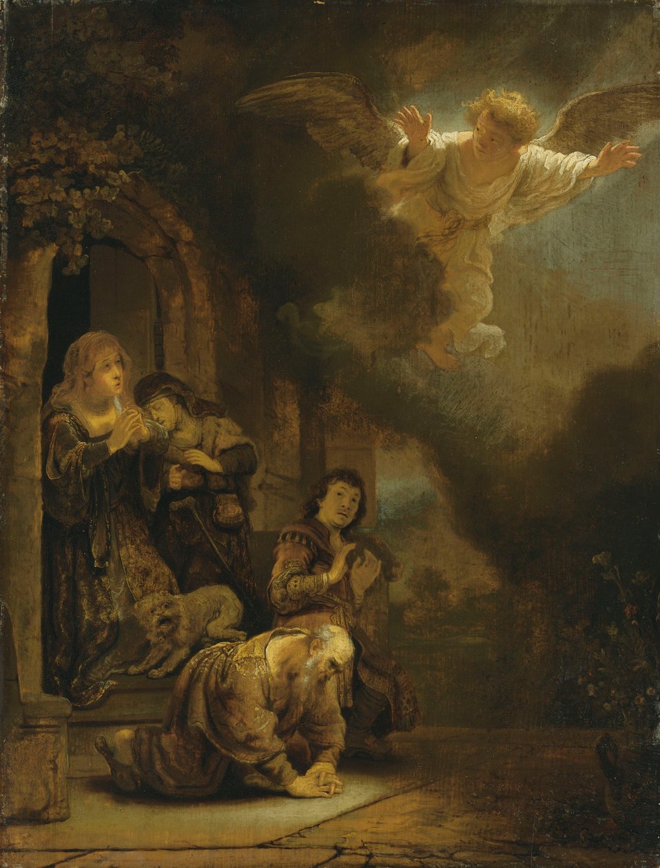 Ærkeenglen Raphael tager afsked med Tobit og hans familie (olie på panel) af studio of Rembrandt Harmensz. van Rijn