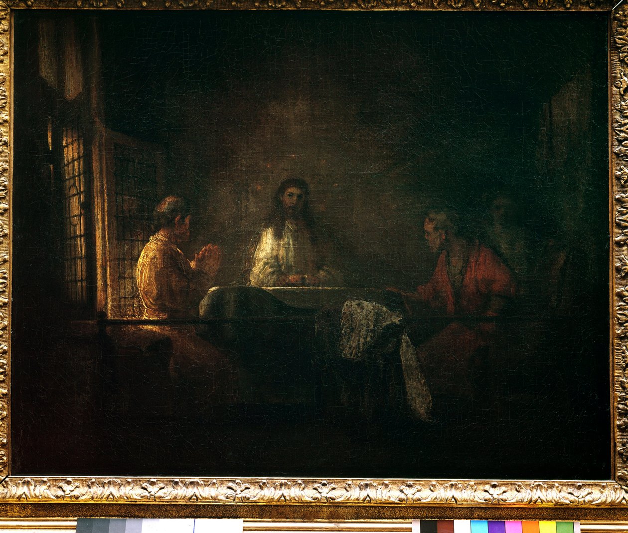 Emmaus Kristi pilgrimme viser sig for pilgrimmene, der sidder ved et bord i en kro i Emmaus. Maleri af Harmensz van Rijn dit Rembrandts værksted (1606-1669) af studio of Rembrandt Harmensz. van Rijn