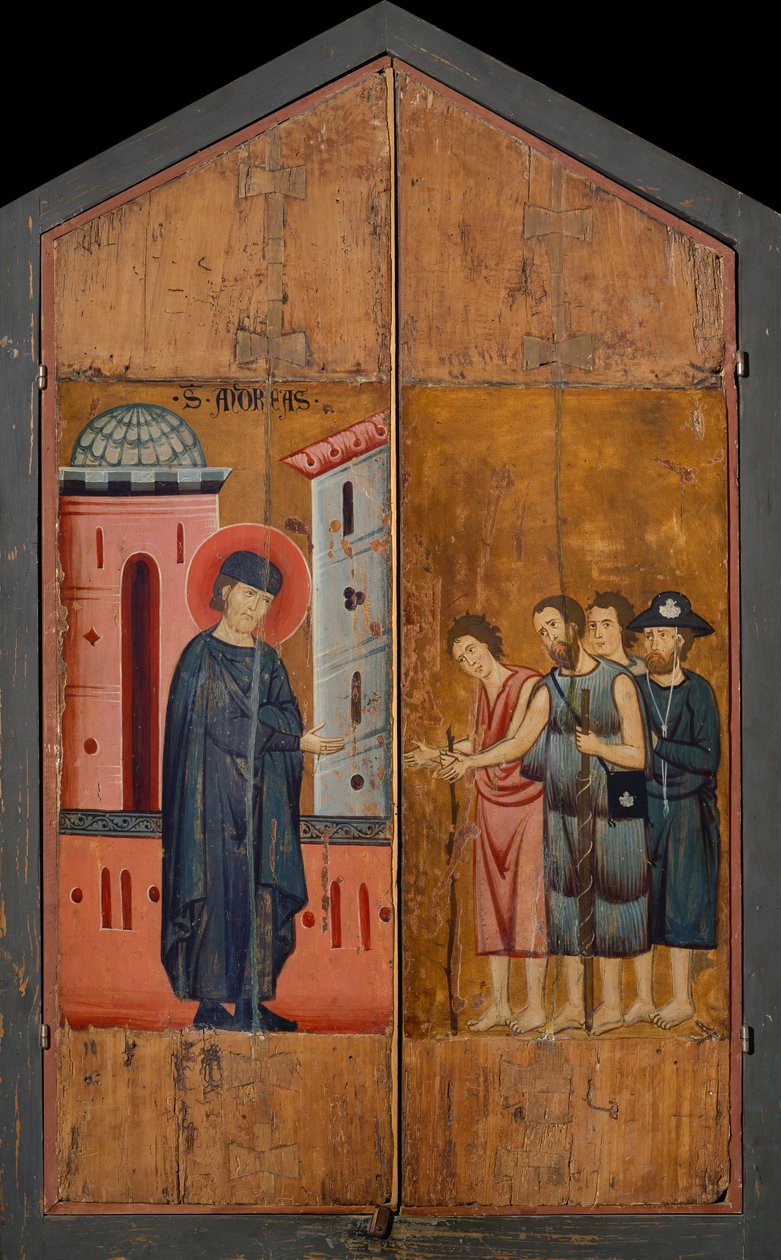 Siunatun Andrea Galleranin diptyykki: Siunattu isäntä Gallerani vastaanottamassa pelgrimejä ja kerjäläisiä, ulkopaneelit, n. 1270 (maalaus puulle) af (workshop of) Guido da Siena