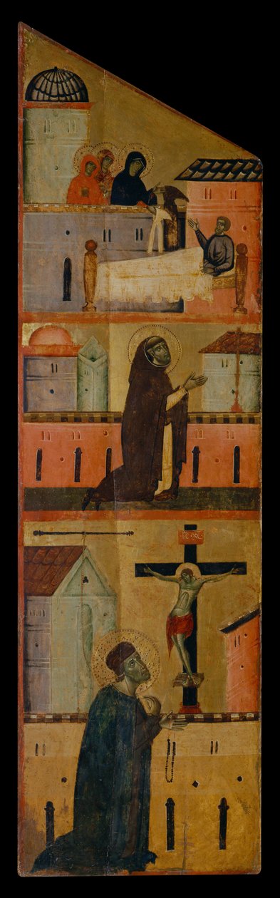 Diptykon af salige Andrea Gallerani: De hellige kvinder viser sig for St. Reginald, Dominic beder om helbredelse af Skt. Reginald og Gallerani beder før korset, inde i venstre panel, ca. 1270 (maleri på træ) af (workshop of) Guido da Siena