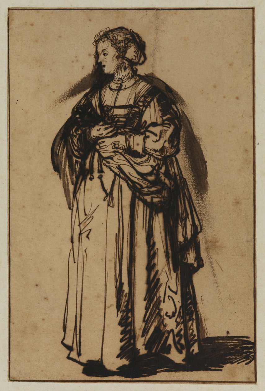 Kunstnerens kone, Saskia, står og holder blomster i hænderne af (workshop of) Rembrandt Harmensz. van Rijn