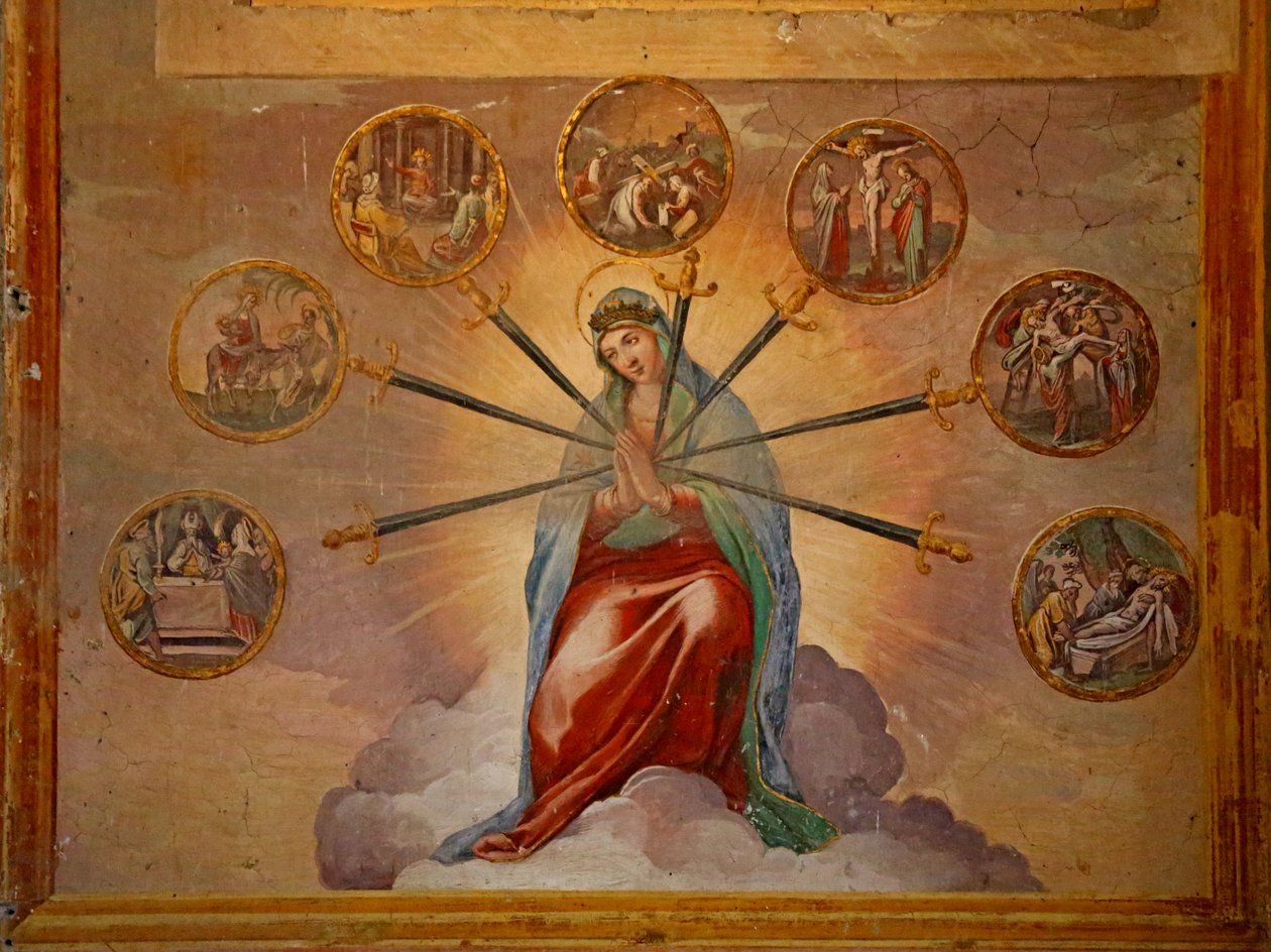 En variation af Jomfru Marias glæder (og sorger): bebudelse, flugt til Egypten, præsentation, Via Crucis, korsfæstelse, aflejring, gravlæggelse af Unknown