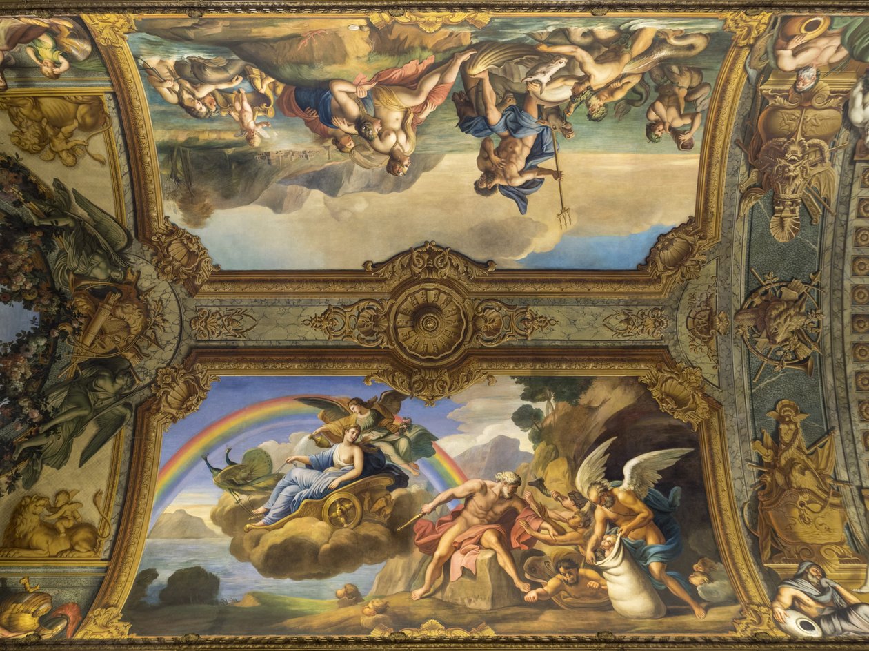 Luft allegori, der repræsenterer Aeolus og Juno. Maleri af hvælvingen i Galerie doree, af Francois Perrier (1594-1649), 1645. Banque de France. Hotel de Toulouse, tidligere hotel de la Villiere, Paris - H af Unknown