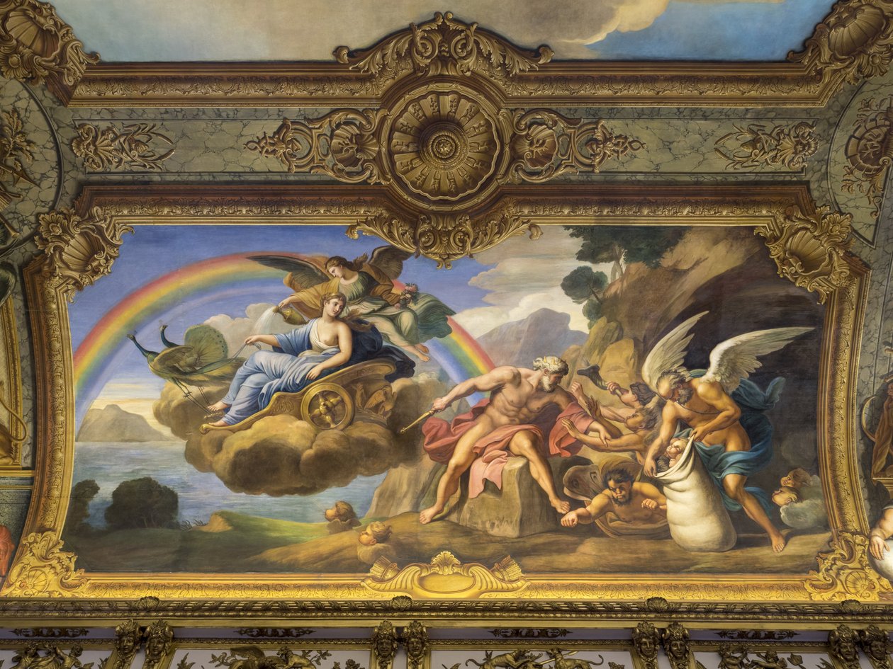 Luft allegori, der repræsenterer Aeolus og Juno. Maleri af hvælvingen i Galerie doree, af Francois Perrier (1594-1649), 1645. Banque de France. Hotel de Toulouse, tidligere hotel de la Villiere, Paris - H af Unknown
