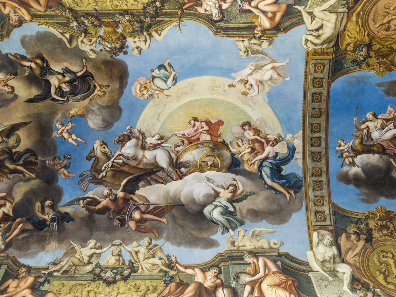 Allegori af solen. Maleri af hvælvingen i Galerie doree, af Francois Perrier (1594-1649), 1645. Banque de France. Hotel de Toulouse, tidligere hotel de la Villiere, Paris - Hotel de Toulouse, hea af Unknown