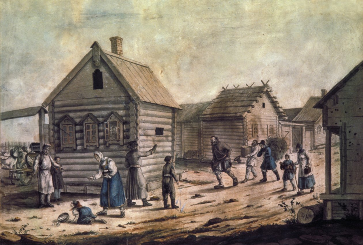 Landsbyens herskerindes ankomst, et akvarelmaleri fra 1850