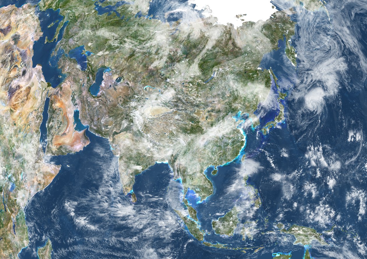 Asien med skydækning, ægte farvesatellitbillede af Unknown