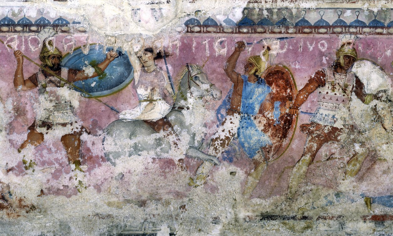 Kamp mellem grækere og amasoner, detaljer fra siden af amazonernes sarkofag, Tarquinia, 4. århundrede f.Kr. (tempera på alabast) (se også 36059, 85168 og 85169) af Unknown