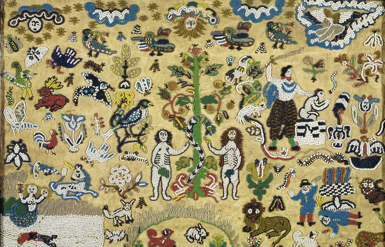 Beadwork Billede: Fall of Man; Kain og Abel; Isaks offer; omgivet af dyr fra Edens have, 1600-tallet. (silke broderet med farvede perler) af Unknown
