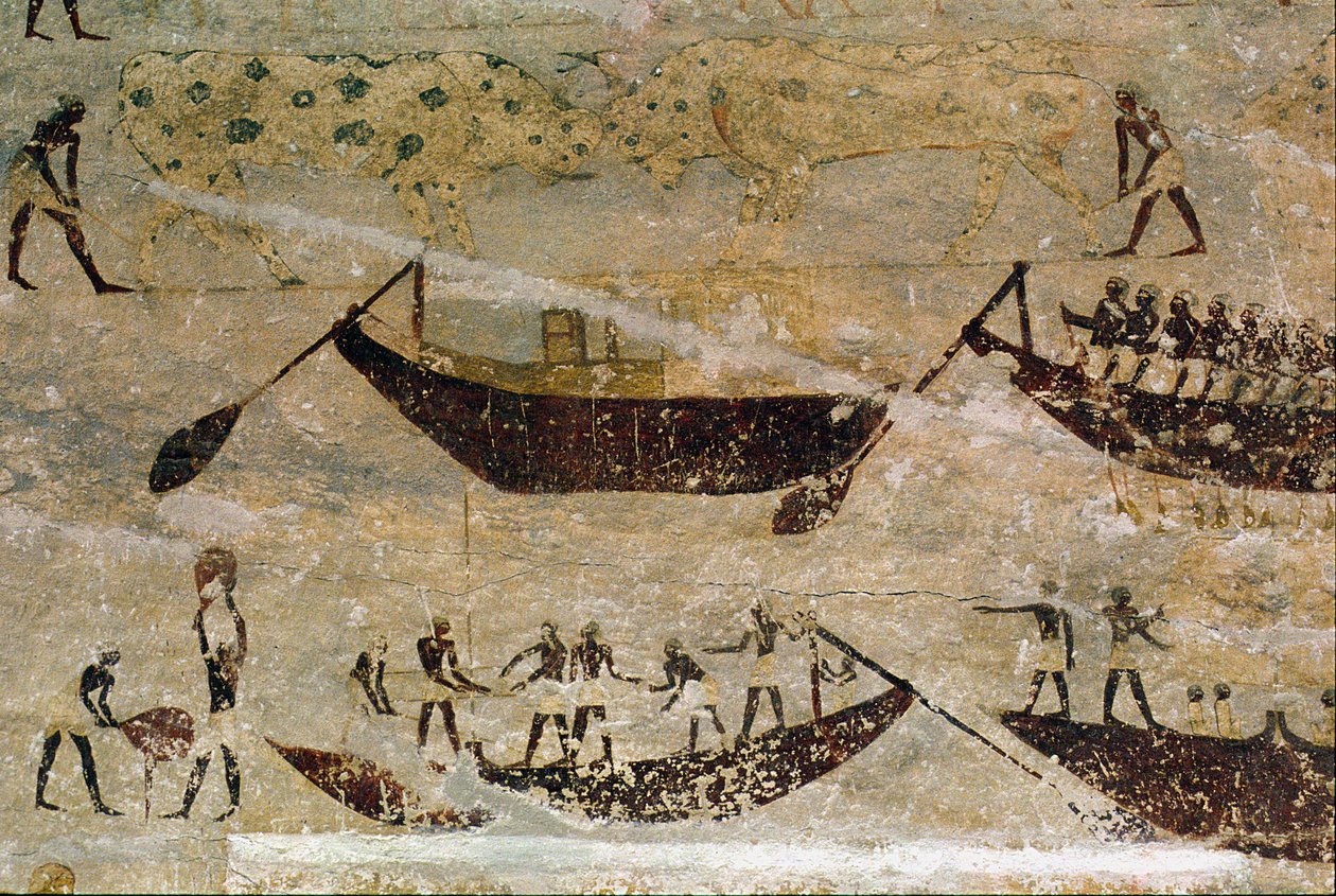 Både, der sejler nedstrøms, detaljer fra et gravmaleri, egyptisk, Gamle til Mellemrige (malet kalksten) af Unknown