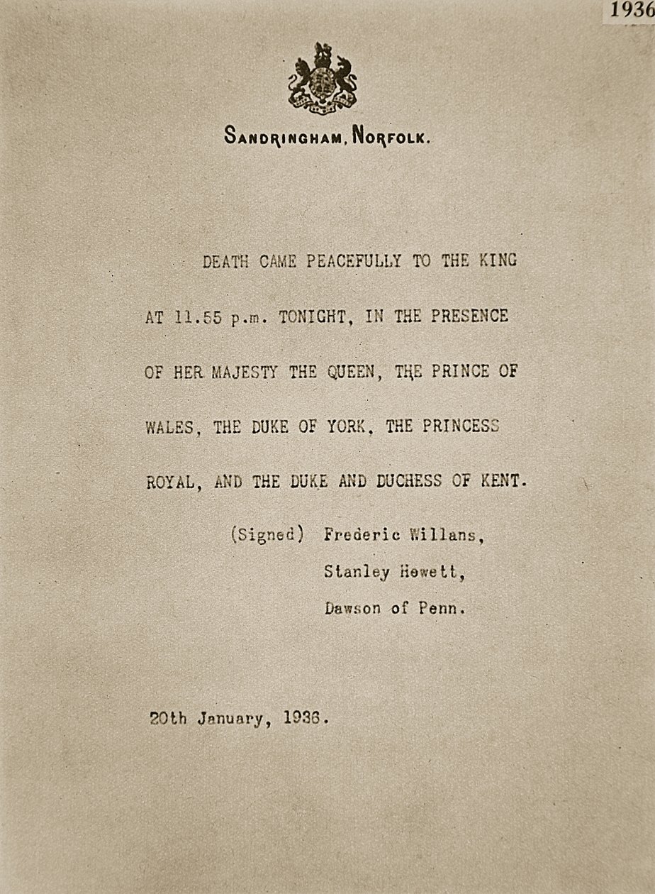 Bulletin offentliggjort i Sandringham efter kong George Vs død, 20. januar 1936 af Unknown