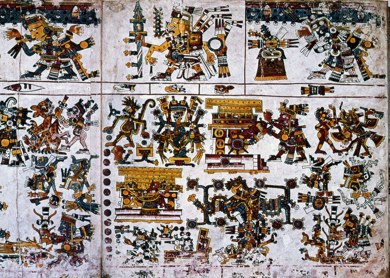 Detalje fra en faksimile Kopi af en side i Codex Borgia, der viser ceremonien for den nye ild af Unknown