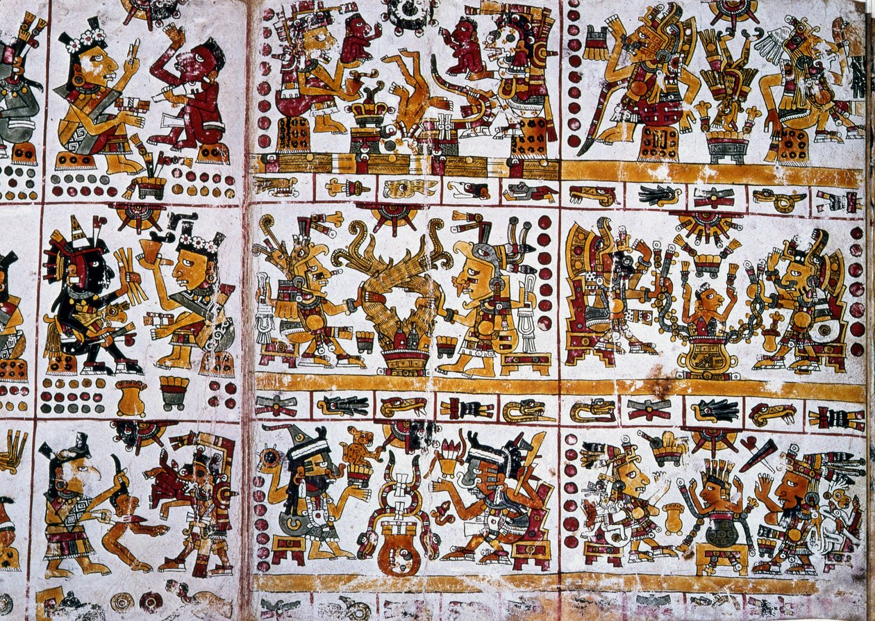 Detalje fra en faksimile Kopi af en side i Codex Borgia, der viser seks gudepar, der repræsenterer spådom for par af Unknown