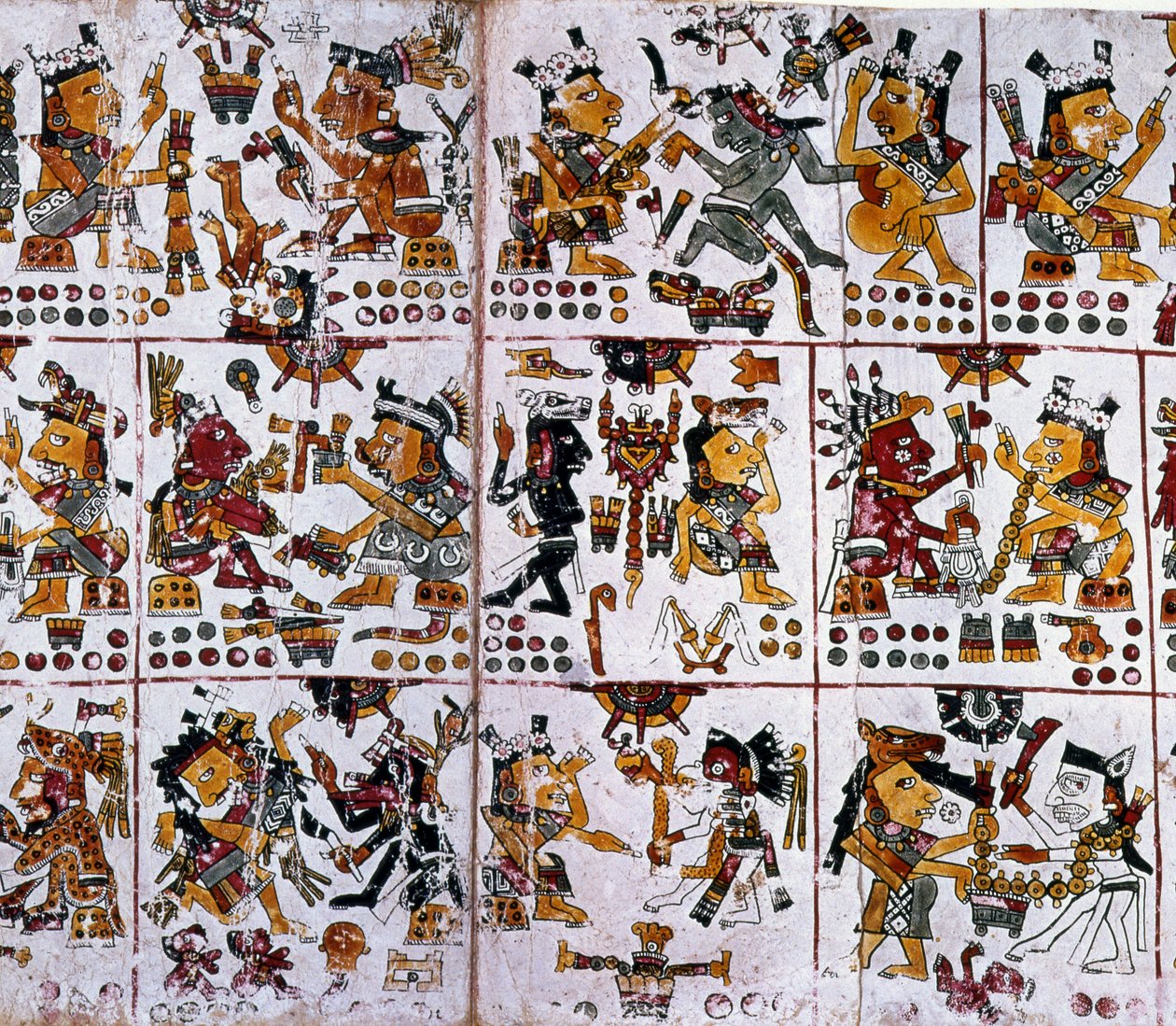 Detalje fra en faksimile Kopi af en side i Codex Borgia, der viser seks gudepar, der repræsenterer spådom for par af Unknown
